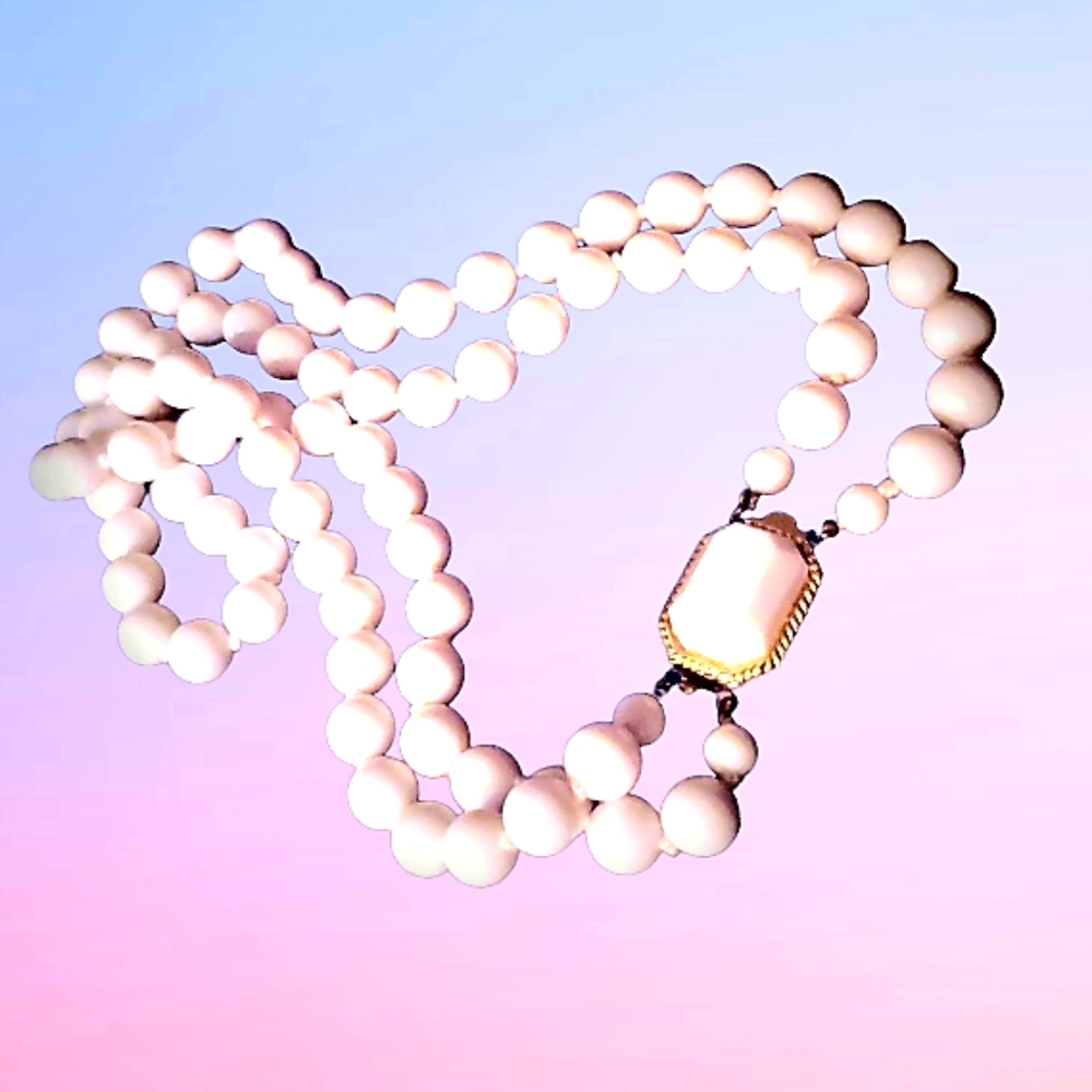 White Glass Faux Pearl Necklace Double Strand Golden Box Clasp